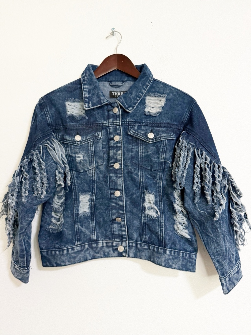 NEW Thrill Jean Fringe Denim Jacket Cropped Acid Wash Size M